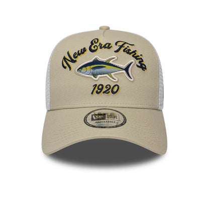 Pictured is this New Era Fishing 9FORTY A-Frame Trucker Adjustable cap in light beige. 2