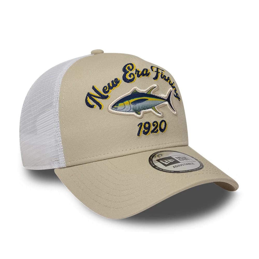 Pictured is this New Era Fishing 9FORTY A-Frame Trucker Adjustable cap in light beige. 3