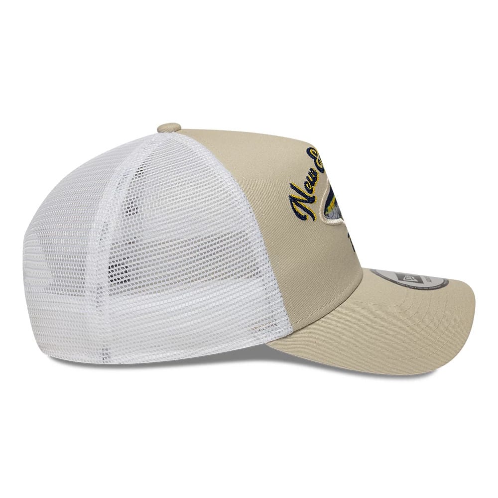 Pictured is this New Era Fishing 9FORTY A-Frame Trucker Adjustable cap in light beige. 5