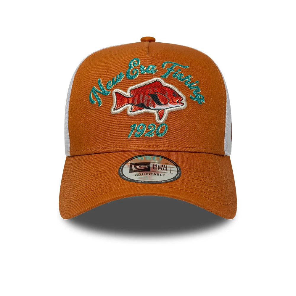 Pictured is this New Era Fishing 9FORTY A-Frame Trucker Adjustable cap in orange. 2