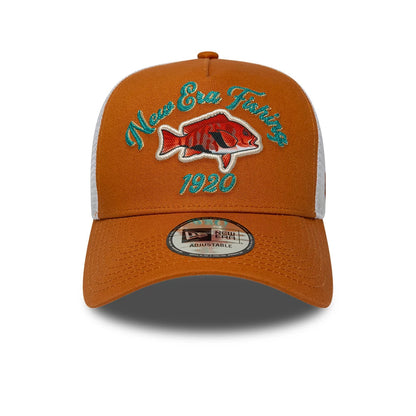 New Era Fishing Orange New Era 9FORTY A-Frame Trucker Adjustable Cap, front view with turquoise embroidered script and fish logo on the front panel, white mesh sides, and a 9FORTY size sticker on the orange visor.