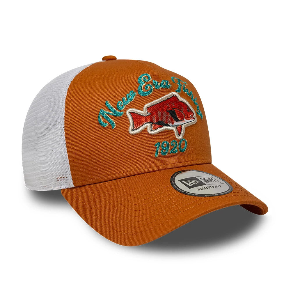 Pictured is this New Era Fishing 9FORTY A-Frame Trucker Adjustable cap in orange. 3