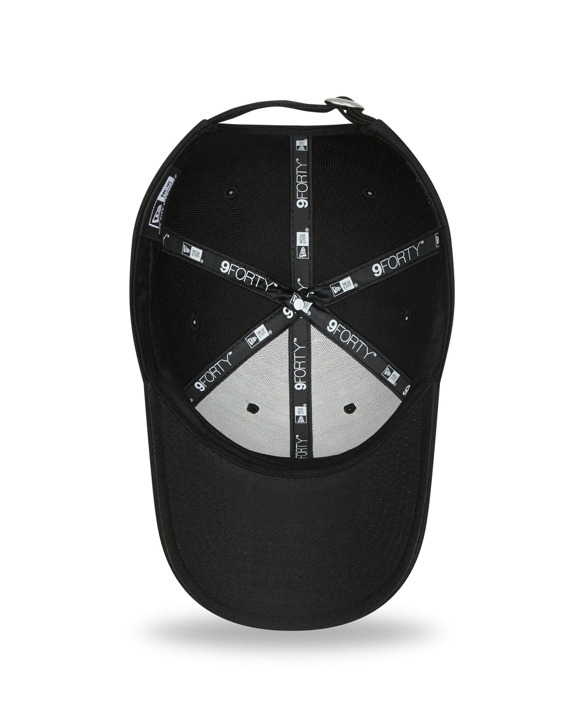 New York Yankees Pop Outline Black New Era 9FORTY Cap, inside view showing black and grey taping with 9FORTY branding, a black sweatband, and a grey undervisor on the structured crown.