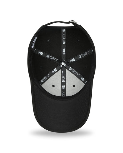 New York Yankees Pop Outline Black New Era 9FORTY Cap, inside view showing black and grey taping with 9FORTY branding, a black sweatband, and a grey undervisor on the structured crown.