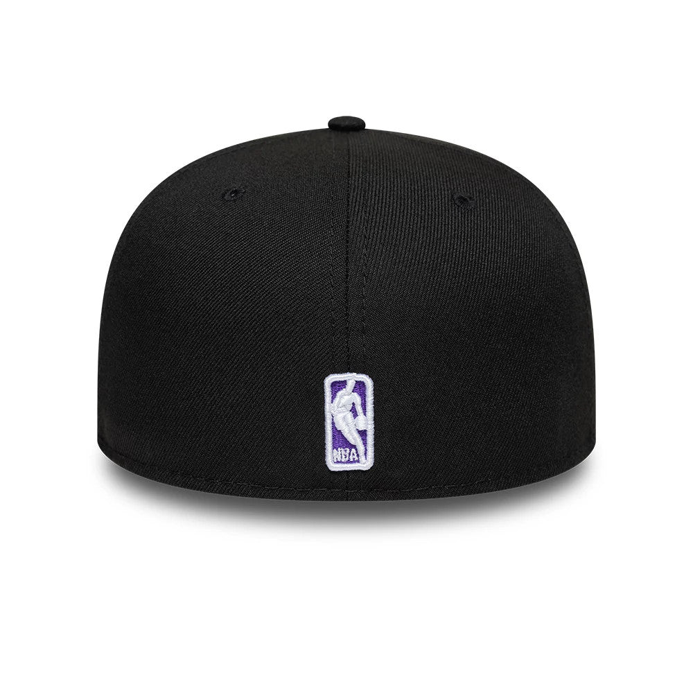 LA Lakers NBA Black New Era 59FIFTY Fitted Cap, rear view showing the white and purple embroidered NBA logo centred on the black back panels, with a structured crown and black top button.