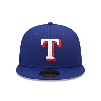MLB Authentic On Field Texas Rangers Blue New Era 59FIFTY Fitted Cap, front view showing a raised embroidered white and red T logo on the front panels, with a flat visor and gold 59FIFTY size sticker.