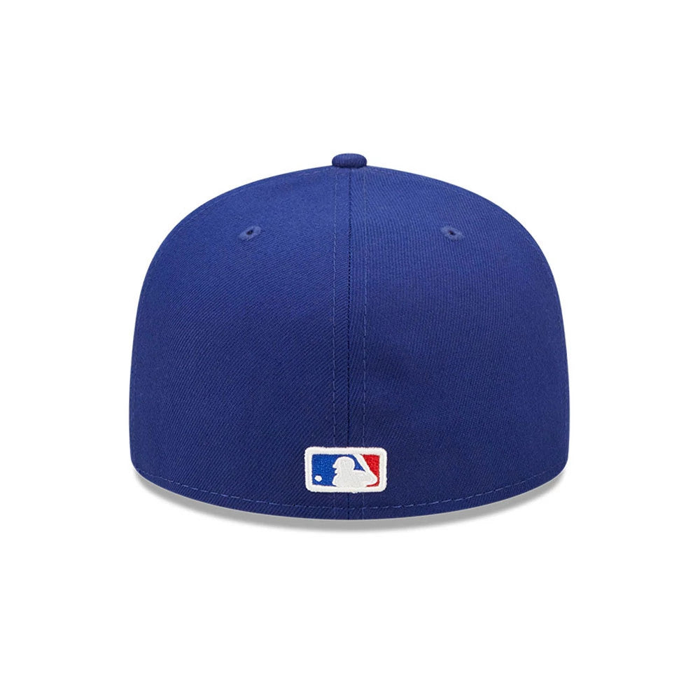 MLB Authentic On Field Texas Rangers Blue New Era 59FIFTY Fitted Cap, rear view showing the white, blue, and red embroidered MLB Batterman logo at the centre back, with a blue top button and matching blue eyelets on the structured crown.