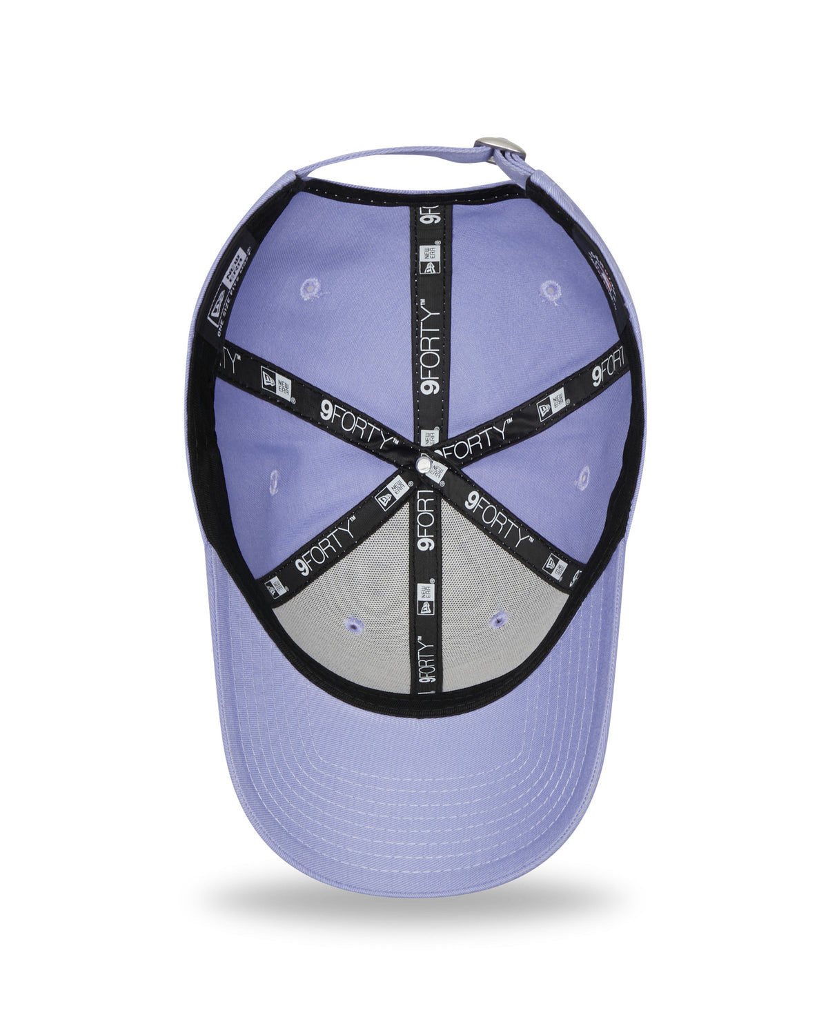 New York Yankees League Essentials Womens Lilac New Era 9FORTY Adjustable Cap, inside view showing black taping with white 9FORTY logos, a grey sweatband, and a curved adjustable strap at the rear of the lilac crown.