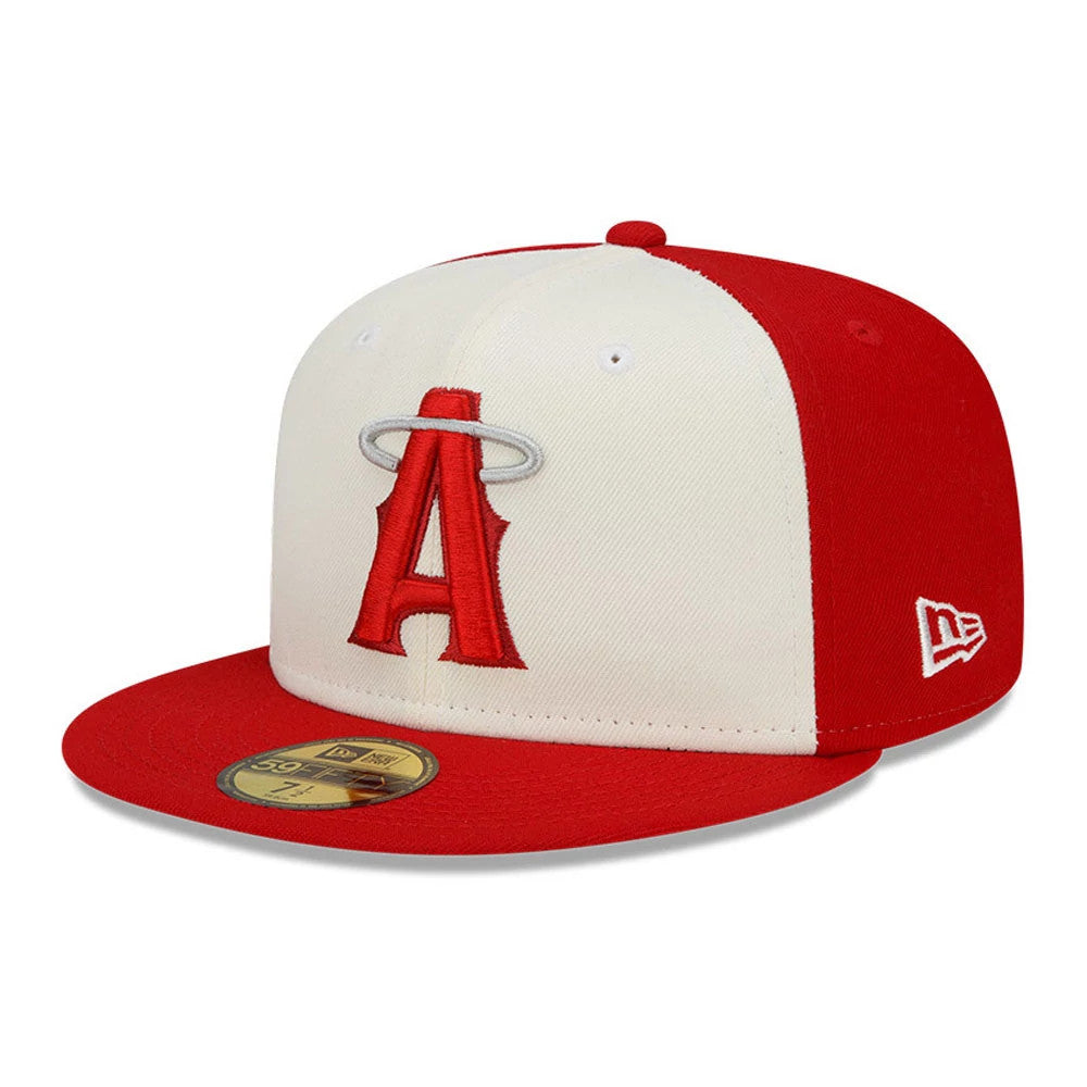 LA Angels MLB City Connect Red New Era 59FIFTY Fitted Cap, three-quarter view showing a raised red A logo with a silver halo on the white front panels, a red flat visor with a gold 59FIFTY size sticker and the New Era flag logo on the left side.