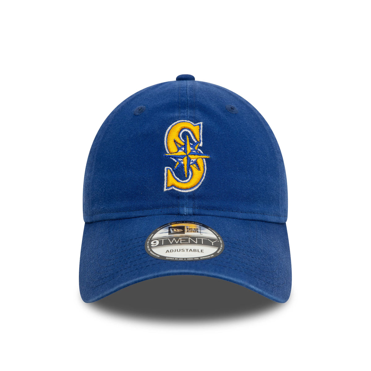 Seattle Mariners MLB Core Classic Blue New Era 9TWENTY Adjustable Cap, front view showing the raised yellow and white embroidered S logo on the front panel, with a curved visor and 9TWENTY size sticker on top.