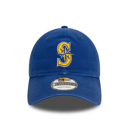 Seattle Mariners MLB Core Classic Blue New Era 9TWENTY Adjustable Cap, front view showing the raised yellow and white embroidered S logo on the front panel, with a curved visor and 9TWENTY size sticker on top.