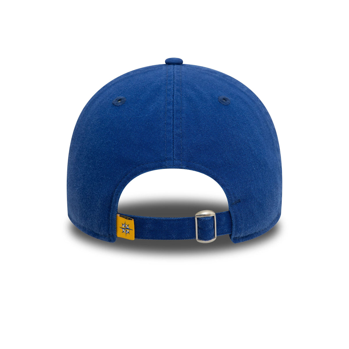 Seattle Mariners MLB Core Classic Blue New Era 9TWENTY Adjustable Cap, rear view showing the yellow and blue Mariners logo tag beside the metal buckle on the adjustable strap and blue top button centred on the low-profile crown.