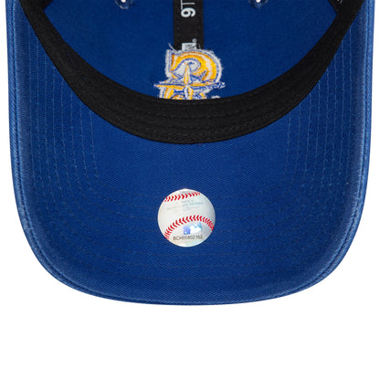 Seattle Mariners MLB Core Classic Blue New Era 9TWENTY Adjustable Cap, inside view showing the black sweatband, a printed logo on the blue undervisor, and a baseball hologram sticker with MLB authentication.