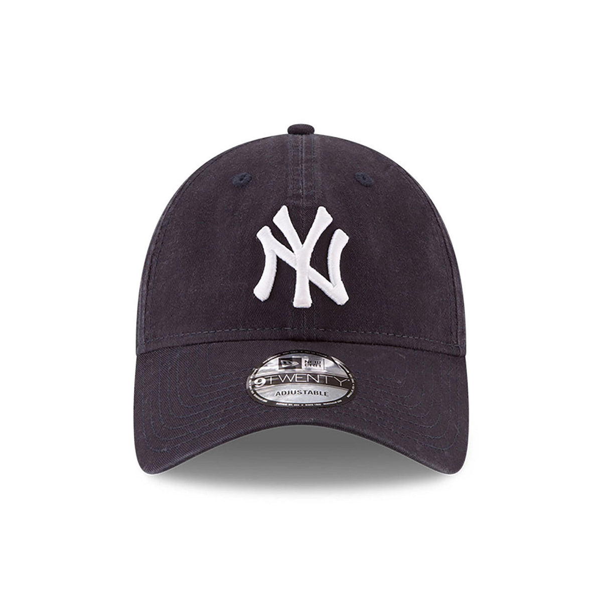 New York Yankees MLB Core Classic Navy New Era 9TWENTY Adjustable Cap, front view showing the white embroidered NY logo on the front panel with a slight curve to the navy visor and 9TWENTY size sticker on the top.