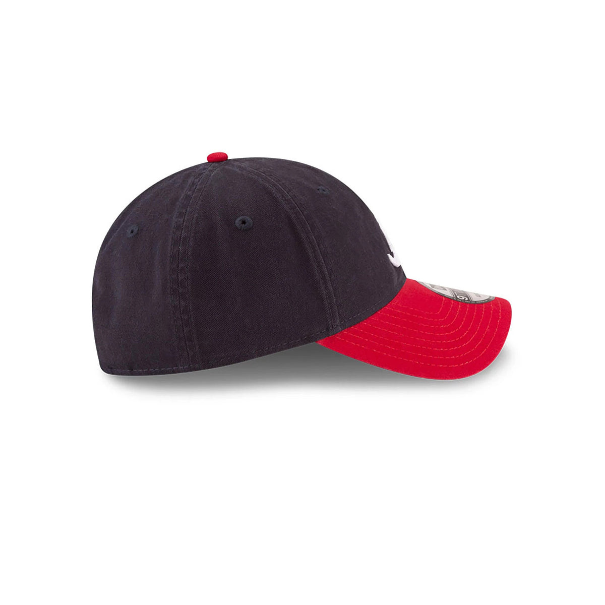 Atlanta Braves MLB Core Classic Navy and Red New Era 9TWENTY Adjustable Cap, side view showing the white embroidered A logo on the front panel, red curved visor, and 9TWENTY size sticker on top of the visor.