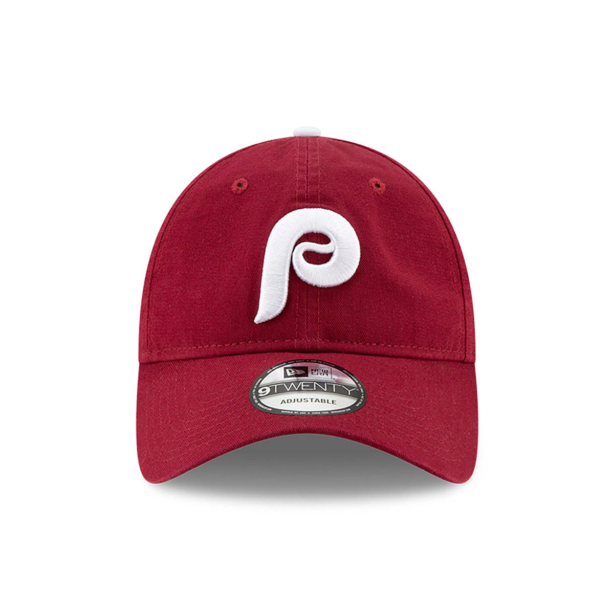Philadelphia Phillies MLB Core Classic Red New Era 9TWENTY Adjustable Cap, front view showing a white embroidered P logo on the red crown and a 9TWENTY size sticker on the curved visor.