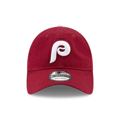 Philadelphia Phillies MLB Core Classic Red New Era 9TWENTY Adjustable Cap, front view showing a white embroidered P logo on the red crown and a 9TWENTY size sticker on the curved visor.