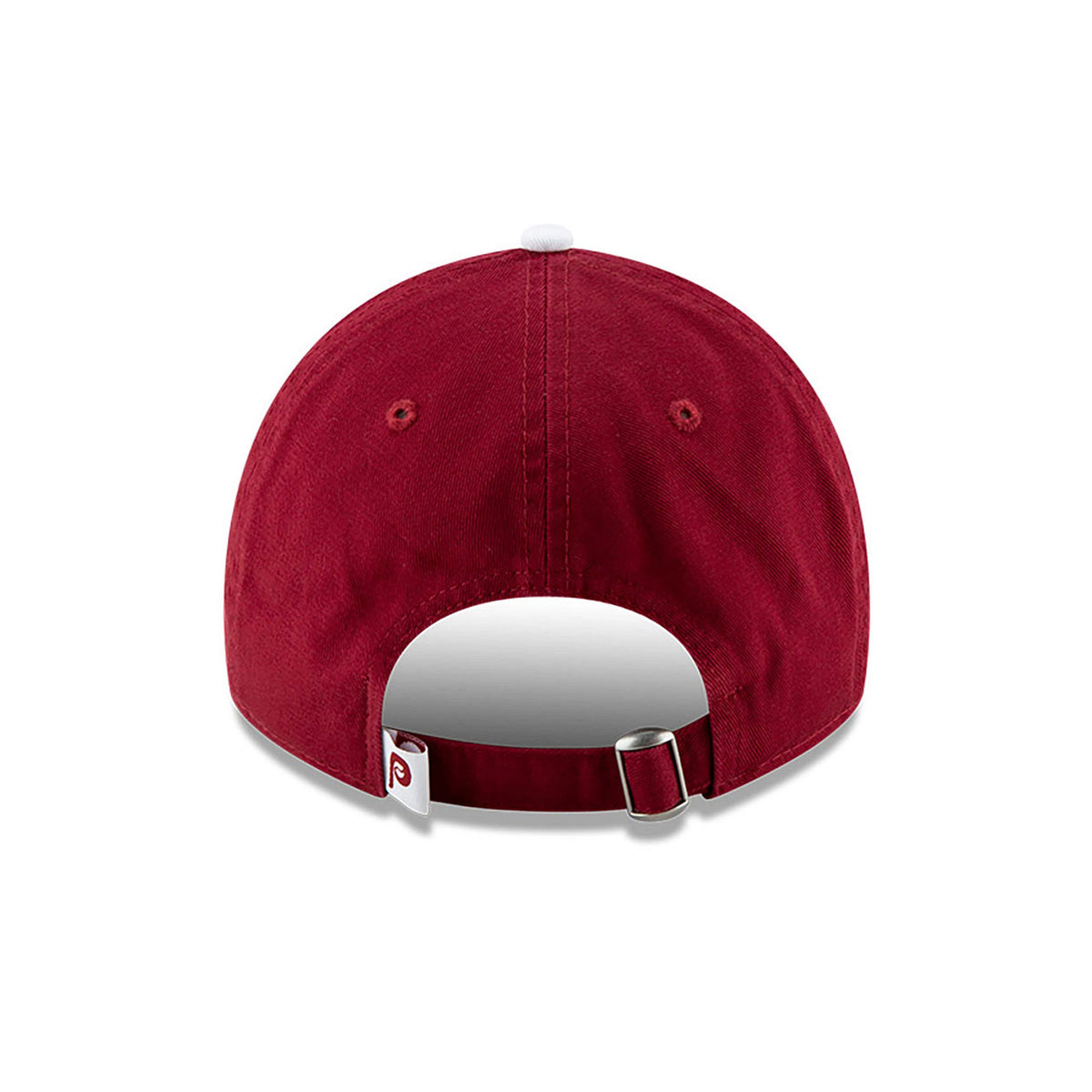 Philadelphia Phillies MLB Core Classic Red New Era 9TWENTY Adjustable Cap, rear view showing the adjustable strap with a metal buckle and a white tag featuring the red Phillies logo, centred on the deep red crown with matching eyelets.
