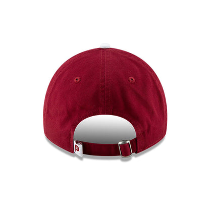 Philadelphia Phillies MLB Core Classic Red New Era 9TWENTY Adjustable Cap, rear view showing the adjustable strap with a metal buckle and a white tag featuring the red Phillies logo, centred on the deep red crown with matching eyelets.