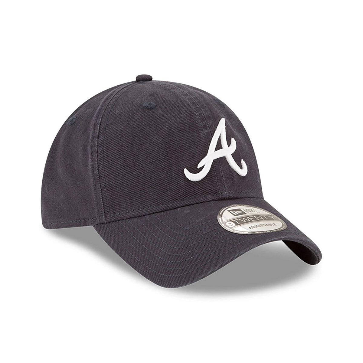 Atlanta Braves MLB Core Classic Navy New Era 9TWENTY Adjustable Cap, front view with a white embroidered A logo on the front panel, a curved visor and a 9TWENTY size sticker on the navy fabric.