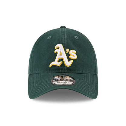 Athletics MLB Core Classic Dark Green New Era 9TWENTY Adjustable Cap, front view showing the raised yellow-outlined embroidered A's logo on the front panel and a 9TWENTY size sticker positioned on the curved visor.