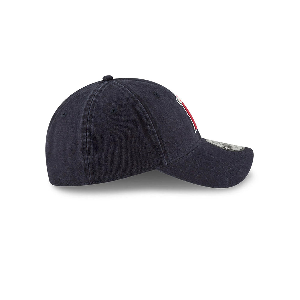 LA Angels MLB Core Classic Navy New Era 9TWENTY Adjustable Cap, side view showing the red A logo on the front panel, navy soft crown with matching top button, and curved visor with a 9TWENTY size sticker on top.