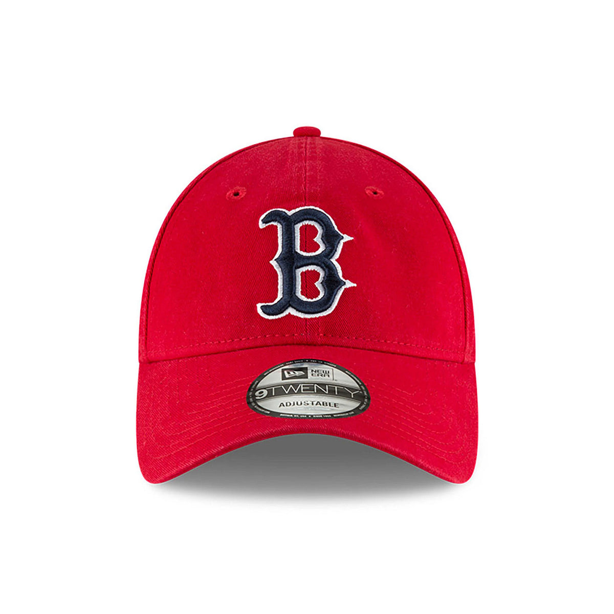 Boston Red Sox MLB Core Classic Red New Era 9TWENTY Adjustable Cap, front view showing raised embroidered B logo on the front panel with a curved visor featuring a 9TWENTY size sticker, and a centred top button.