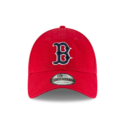 Boston Red Sox MLB Core Classic Red New Era 9TWENTY Adjustable Cap, front view showing raised embroidered B logo on the front panel with a curved visor featuring a 9TWENTY size sticker, and a centred top button.