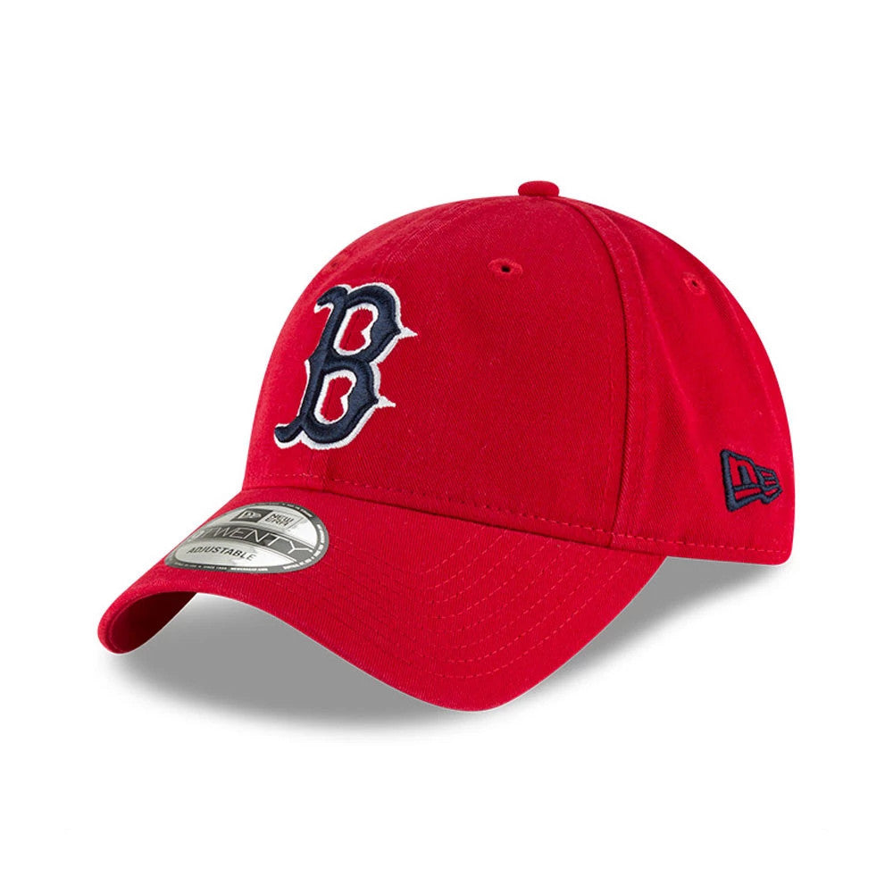 Boston Red Sox MLB Core Classic Red New Era 9TWENTY Adjustable Cap, three-quarter view with a raised embroidered B logo on the front panel, curved visor with 9TWENTY size sticker, and New Era flag logo on the left side.