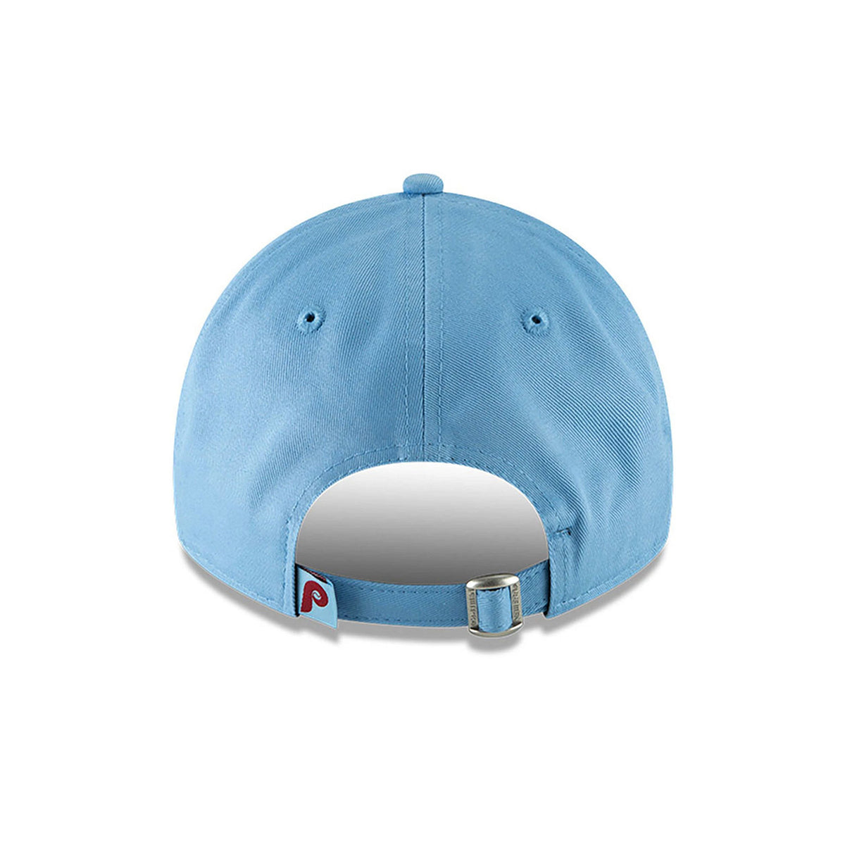 Philadelphia Phillies MLB Core Classic Pastel Blue New Era 9TWENTY Adjustable Cap, rear view showing the red embroidered Phillies logo on a small tag next to the adjustable strap, centred below the pastel blue top button and eyelets.