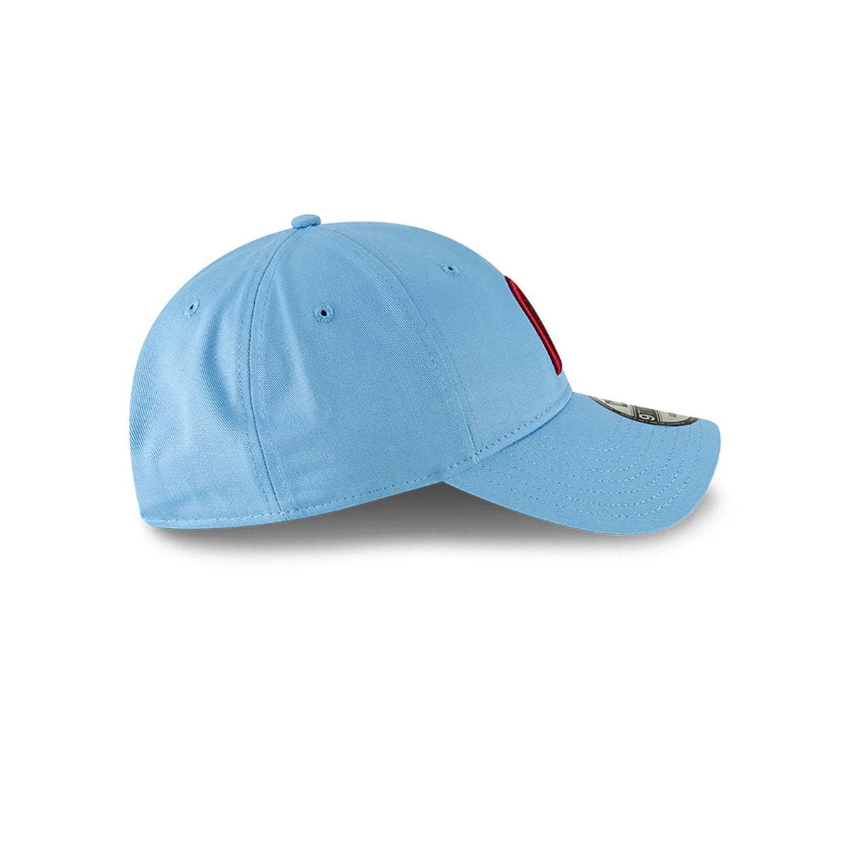 Philadelphia Phillies MLB Core Classic Pastel Blue New Era 9TWENTY Adjustable Cap, side view showing the red embroidered Phillies logo on the front panel, curved visor, and pastel blue crown with eyelets.