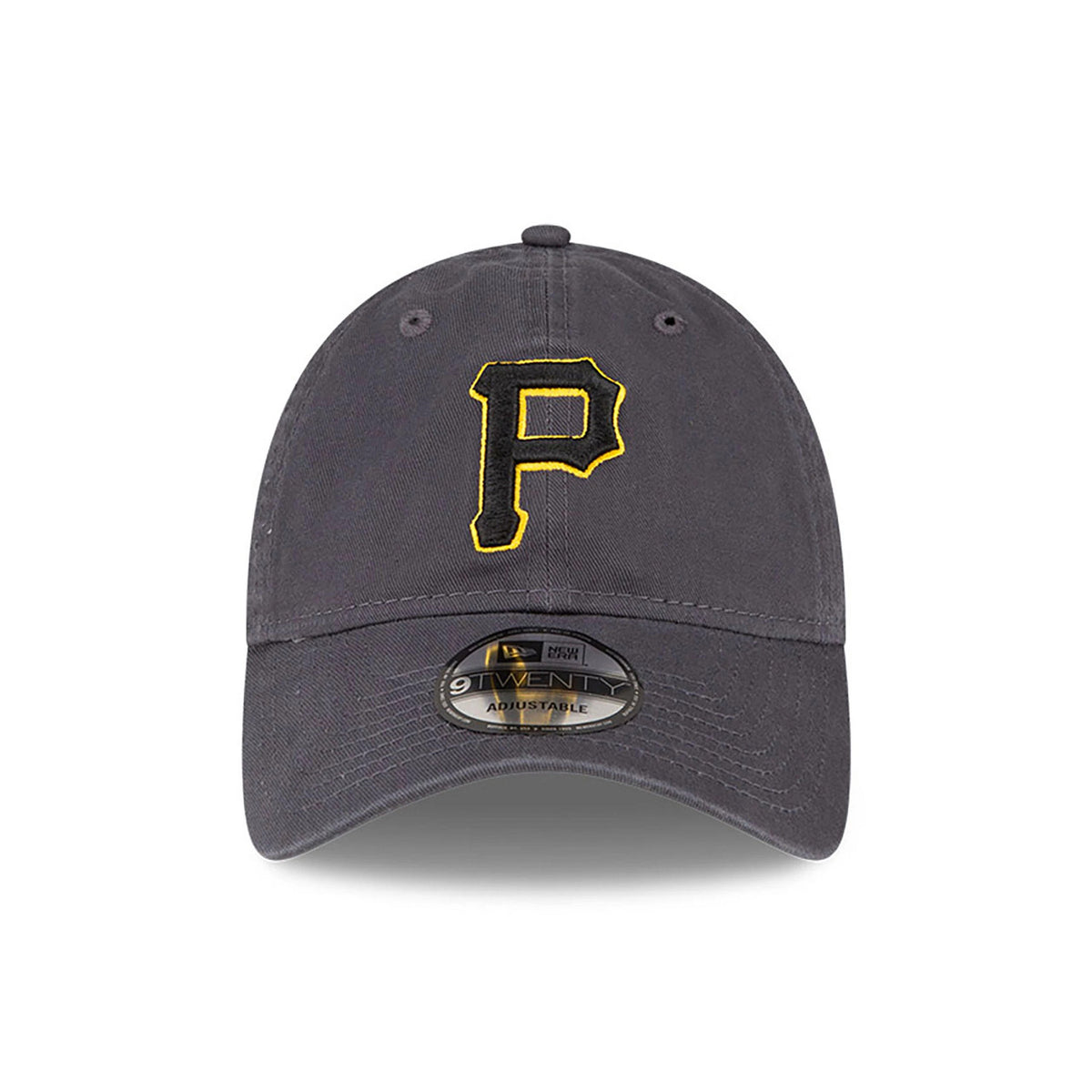 Pittsburgh Pirates MLB Core Classic Dark Grey New Era 9TWENTY Adjustable Cap, front view showing the yellow embroidered P logo on the front panel, curved visor with a 9TWENTY size sticker, and dark grey top button.