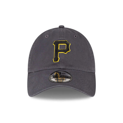 Pittsburgh Pirates MLB Core Classic Dark Grey New Era 9TWENTY Adjustable Cap, front view showing the yellow embroidered P logo on the front panel, curved visor with a 9TWENTY size sticker, and dark grey top button.