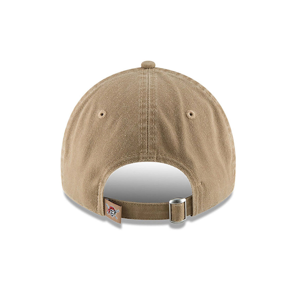 Pittsburgh Pirates MLB Core Classic Beige New Era 9TWENTY Adjustable Cap, rear view showing the Pirates logo on a small tag next to the fabric strap with a metal clasp, centred on the unstructured beige crown.