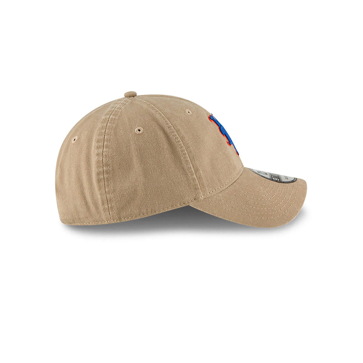 New York Mets MLB Core Classic Beige New Era 9TWENTY Adjustable Cap, side view showing the raised blue and orange Mets logo on the front panel, with a curved beige visor and 9TWENTY size sticker on the top.