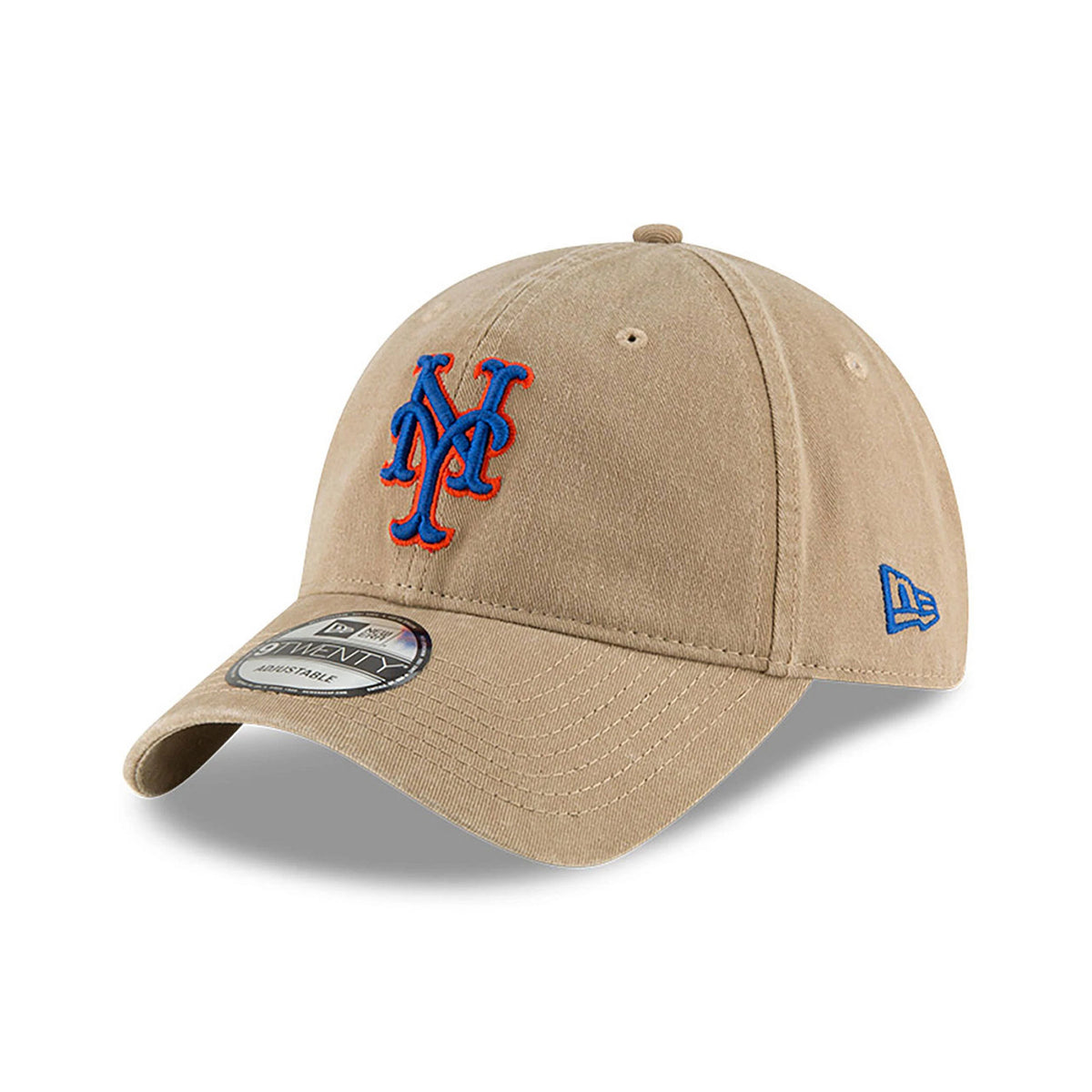 New York Mets MLB Core Classic Beige New Era 9TWENTY Adjustable Cap, three-quarter view showing the raised blue and orange NY logo on the front panel, curved visor with 9TWENTY size sticker, and New Era flag logo on the left side.
