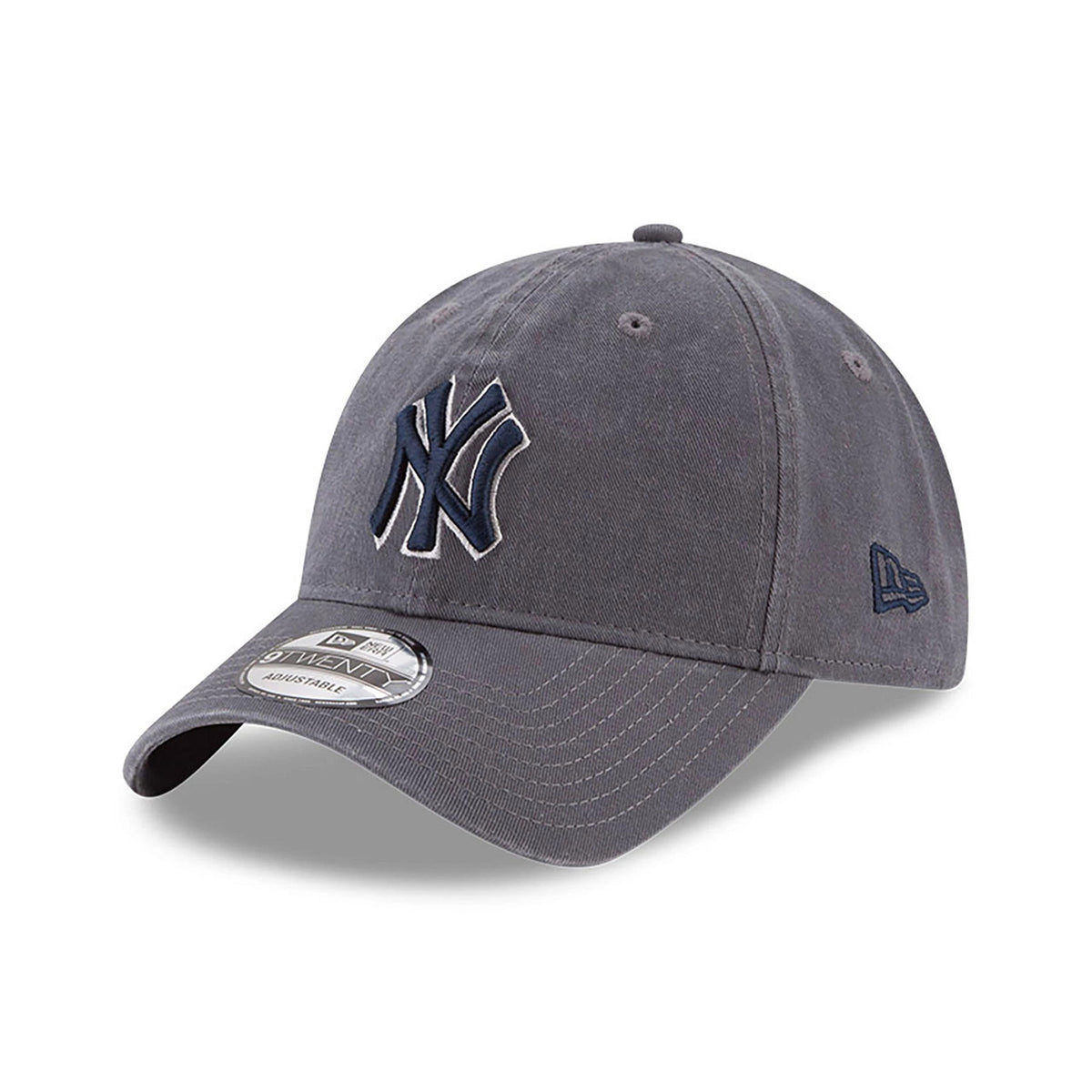 New York Yankees MLB Core Classic Grey New Era 9TWENTY Adjustable Cap, front view showing the raised navy NY logo on the front panel, along with the grey curved visor and 9TWENTY size sticker on top.