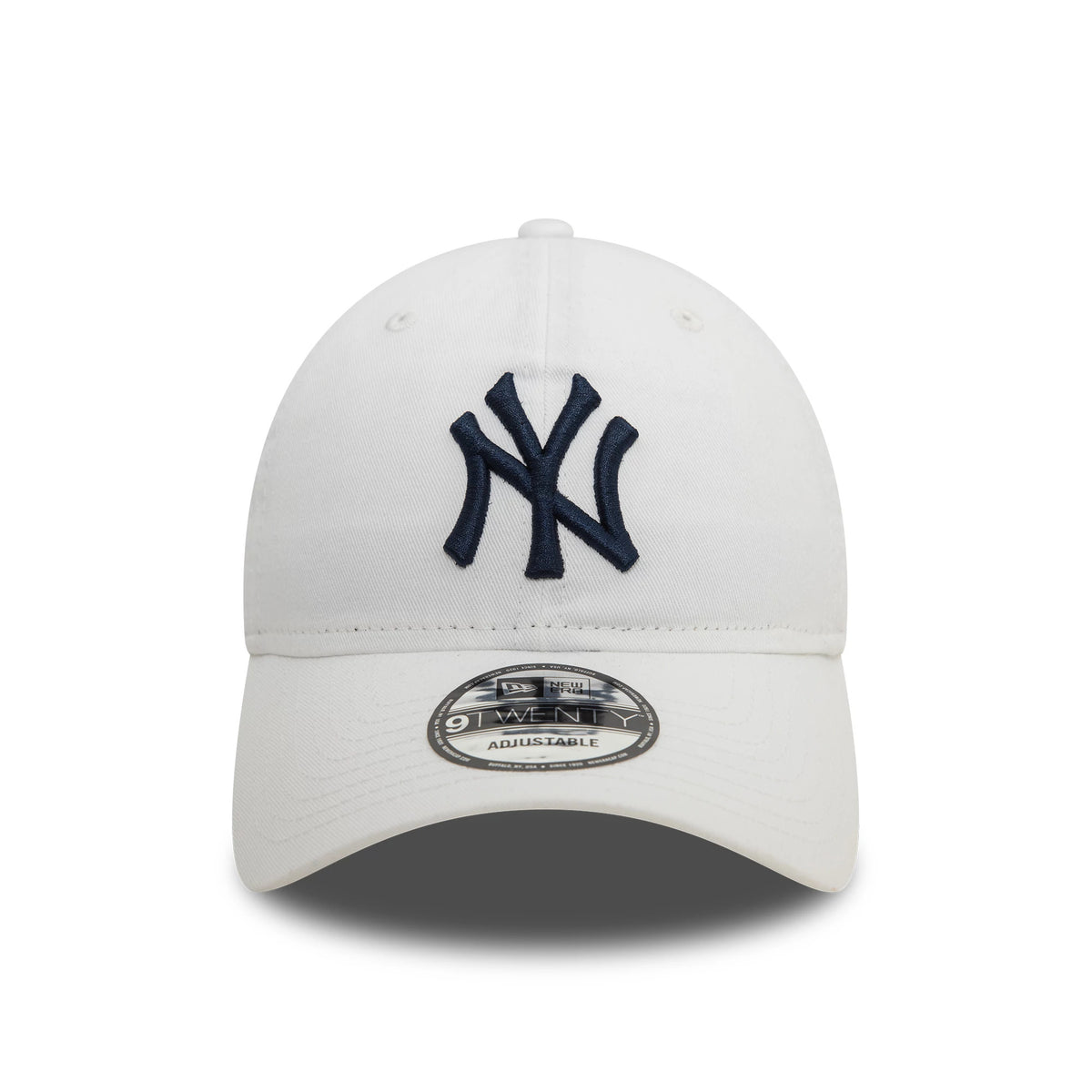 New York Yankees MLB Core Classic White New Era 9TWENTY Adjustable Cap, front view showing the raised navy NY logo embroidered on the front panel, complemented by a curved visor with a 9TWENTY size sticker.
