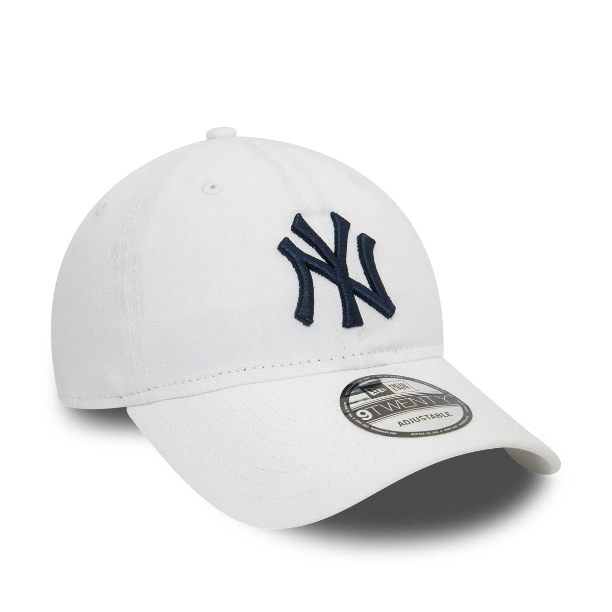 New York Yankees MLB Core Classic White New Era 9TWENTY Adjustable Cap, three-quarter view with raised navy NY logo on the front panel and a 9TWENTY size sticker on the gently curved visor.