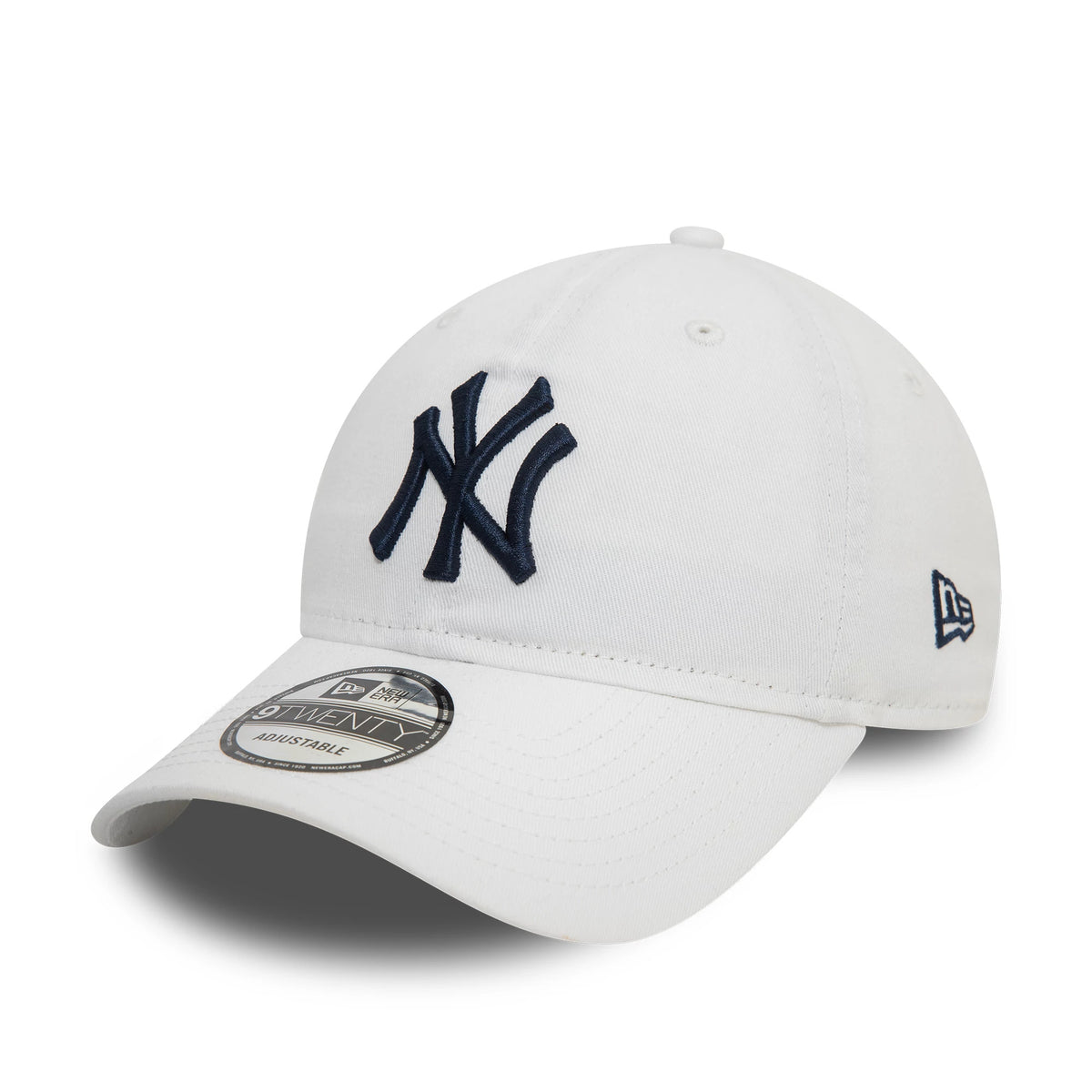 New York Yankees MLB Core Classic White New Era 9TWENTY Adjustable Cap, front view with a raised navy NY logo on the front panel, New Era flag logo on the left side, and a 9TWENTY size sticker on the curved visor.