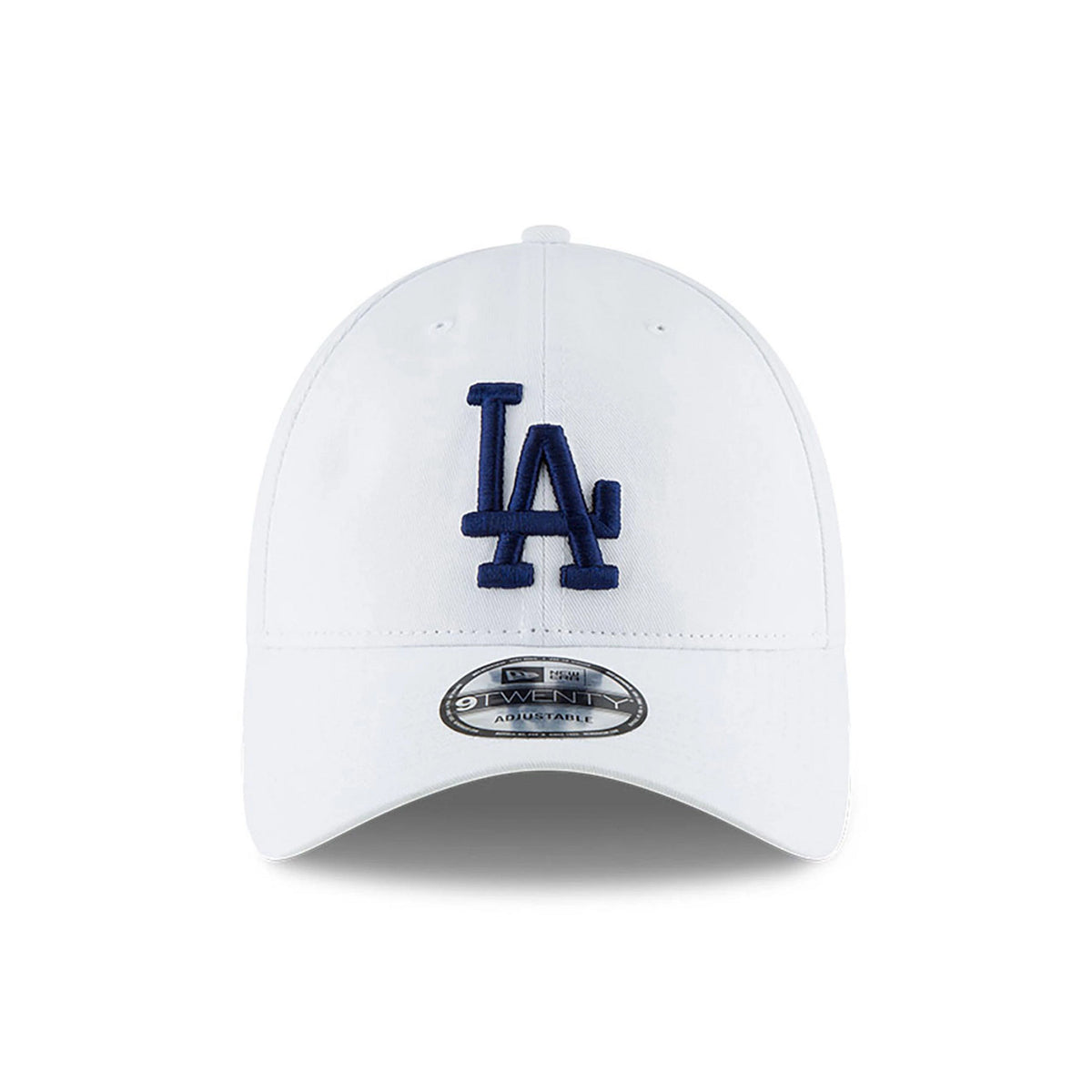 LA Dodgers MLB Core Classic White New Era 9TWENTY Adjustable Cap, front view with the raised blue LA logo embroidered on the front panel, featuring a curved visor and the 9TWENTY size sticker on the visor.