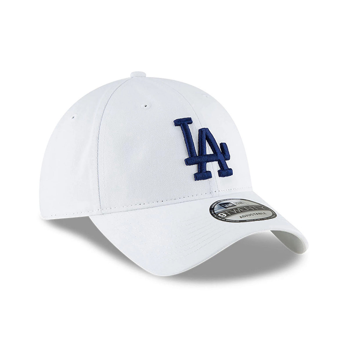 LA Dodgers MLB Core Classic White New Era 9TWENTY Adjustable Cap, front view showing navy embroidered LA logo on the front panel, with a curved visor featuring a 9TWENTY size sticker and matching white top button and eyelets.