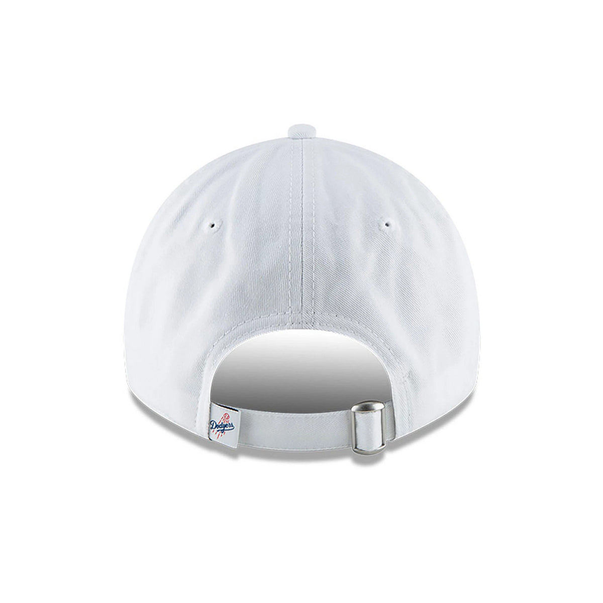 LA Dodgers MLB Core Classic White New Era 9TWENTY Adjustable Cap, rear view showing the Dodger logo tab and metal slider on the white strap, with a centred top button and eyelet accents on the structured crown.