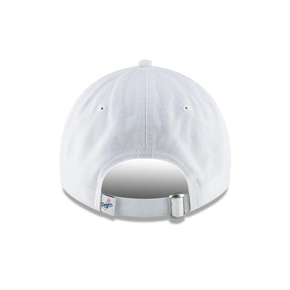 LA Dodgers MLB Core Classic White New Era 9TWENTY Adjustable Cap, rear view showing the Dodger logo tab and metal slider on the white strap, with a centred top button and eyelet accents on the structured crown.