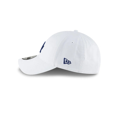 LA Dodgers MLB Core Classic White New Era 9TWENTY Adjustable Cap, side view showing the embroidered New Era flag logo on the left side and a curved visor with the 9TWENTY size sticker on top.