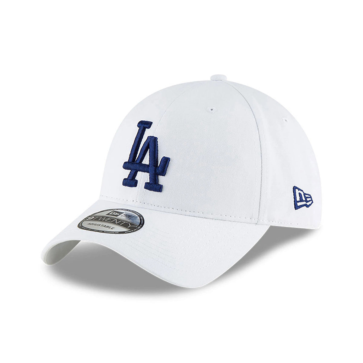 LA Dodgers MLB Core Classic White New Era 9TWENTY Adjustable Cap, front view showing a raised blue LA logo embroidered on the front panel, a 9TWENTY size sticker on the curved visor, and the New Era flag logo on the left side.