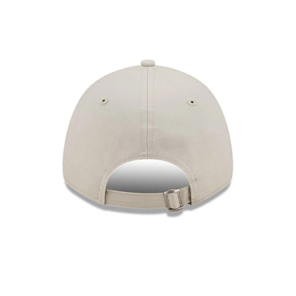 New York Yankees League Essential Stone New Era 9FORTY Cap, rear view showing a fabric strap with metal buckle for adjustable sizing and a plain structured stone crown with matching stone eyelets and top button.