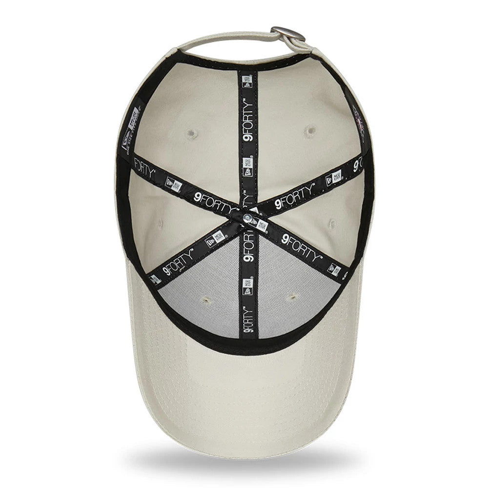New York Yankees League Essential Stone New Era 9FORTY Cap, inside view showing black 9FORTY-branded taping across the stone interior, with white stitches and a black sweatband lining the edge.