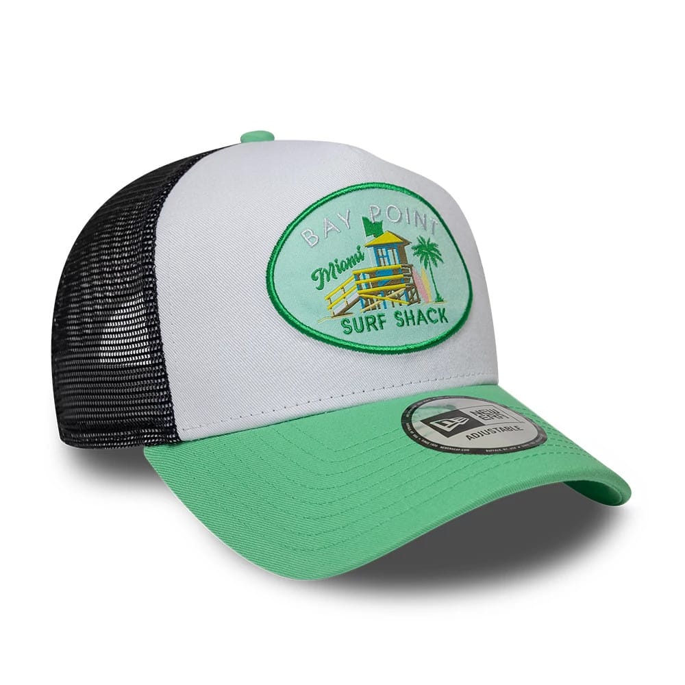 Pictured is this New Era Location Icon 9FORTY A-Frame Trucker Adjustable cap in open green. 3