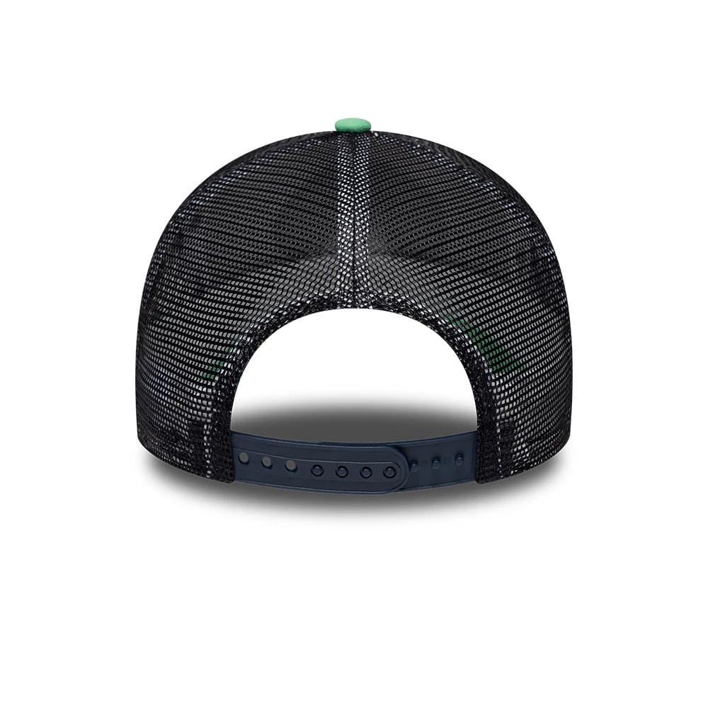 Pictured is this New Era Location Icon 9FORTY A-Frame Trucker Adjustable cap in open green. 4